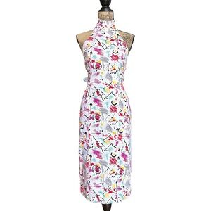 Vintage 80s Le Château Colorful Halter Neck Dress with Buckle Details Size XS